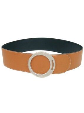 Hermes Round Buckle Leather Brown Silver Belt